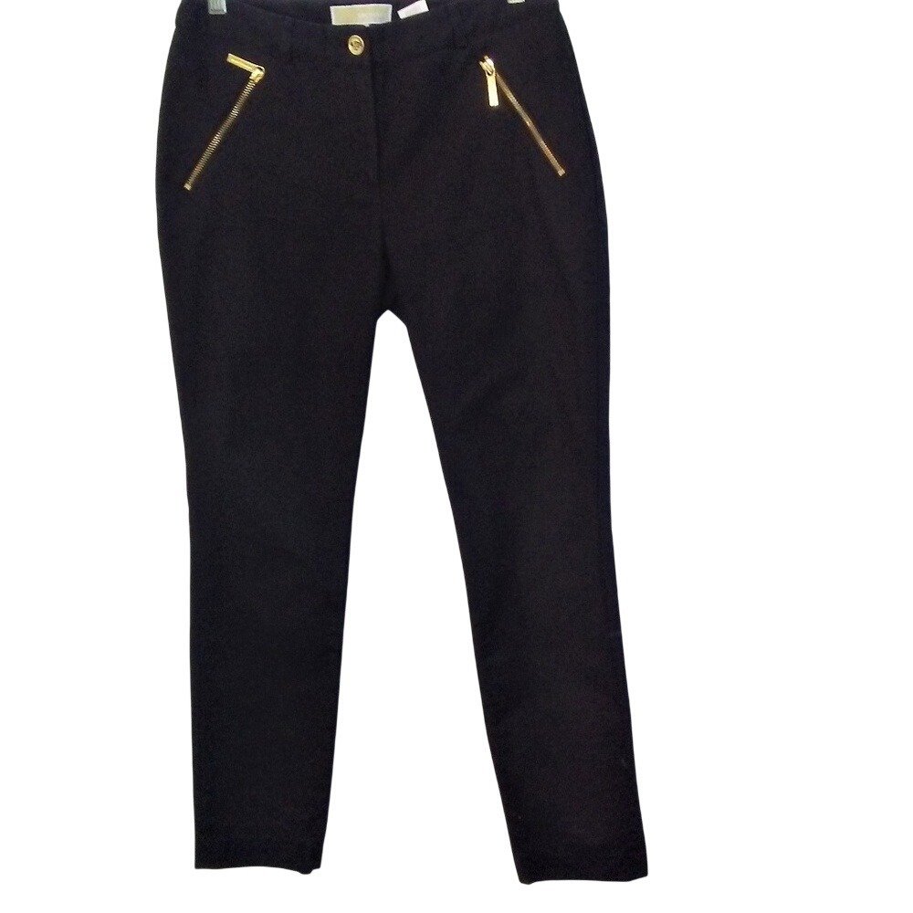 Michael Kors Black Skinny Trousers Gold Zipper Detail Stretch Pants Size‎ 2